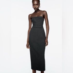 Zara ZW Collection Gray Strapless Midi Dress Draped Bodice Size Large NWOT